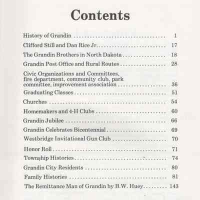 Grandin Centennial, 1881-1981: Contents, page v