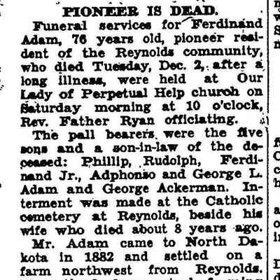 Hillsboro Banner, 12 December 1930: Obituary, Ferdinand Adams Sr.