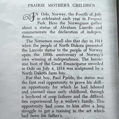 Fjelde family: Paul Felde, Sculptor of Abraham Lincoln statue in Olso, Norway, and Hillsboro, North Dakota