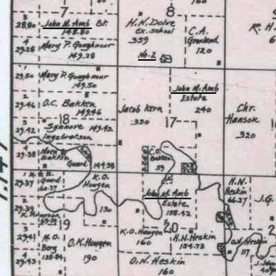 1900 plat map, western portion of Viking Township, Traill County, North Dakota: John M. Amb estate: 158 acres, Sect. 20; 240 acres, Sect. 17; & 149 aces, Sect. 18