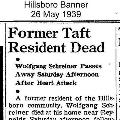 Hillsboro Banner weekly newspaper, 26 May 1939, page 8: Obituary, Wolfgang Schreiner