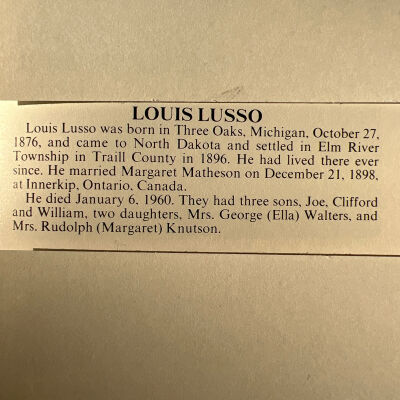 Lusso family: Louis and Margaret (Matheson) Lusso of Elm River Township, Traill County, North Dakota