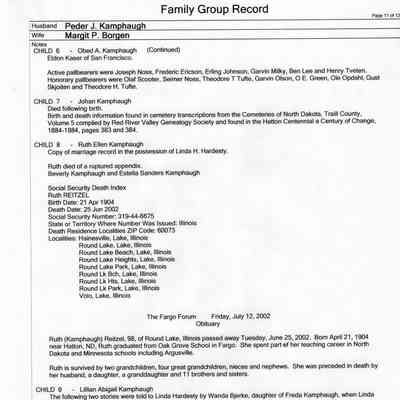 Family Group Record, 25 June 2010, courtesy Linda Hardesty: Peder J. Kamphaug and Margit P. Borgen family, page 11 of 13