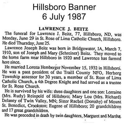 Hillsboro Banner weekly newspaper, 6 July 1987 issue, page 11: Obituary, Lawrence J. Beitz