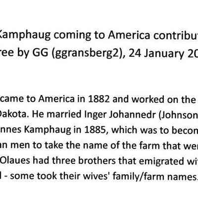 Story in the Ancestry Public Member Tree: Rose/Menzer Family Tree: Olaues Eriksen Kamphaug come to America, by GG (ggransberg2)