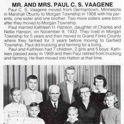 Family history and photograph, Paul and Kathleen (Hanson) Vaagene: Page 143, Traill County History "Yesteryears", Vol. II