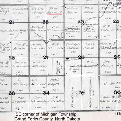 1927 Standard Atlas of Grand Forks County, North Dakota: 160-acres in the NE Qtr. of Sect. 22 in Michigan Township farmed by Ferdinand Adams Jr.