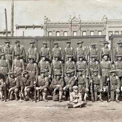 Traill County, ND, National Guard Company L leaving for Camp McCoy, Sparta, WI. Photo dated 10 August 1910.
