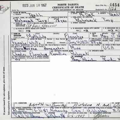 Certificate of Death, Mathilda (Tillie) Fleischer: North Dakota, Traill County, Hillsboro
