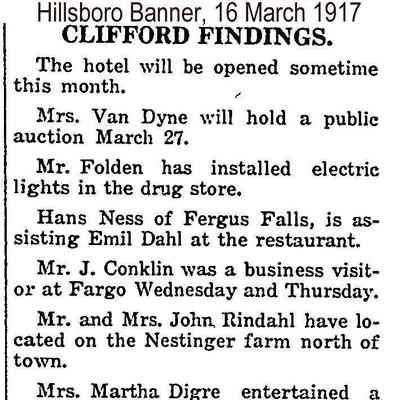 Hillsboro Banner, 16 March 1917: Mr. & Mrs. John Rindahl move to Nestinger farm.