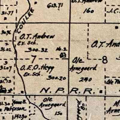 1900 map, portion of Norway Township, Traill County, North Dakota: Norway School No. 2 was located in the NE Qtr. of Sect. 7