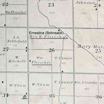 Mrs. E. Fleischer (Ernestina Bohnsack) land in N-half, Section 26: 1892 Atlas plat map for the SE portion of Bohnsack Township, Traill County, ND