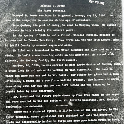 Rover family: Bryngel and Marie (Gunhus) Rover, Pioneers of Elm River Township, Traill County, Dakota Territory