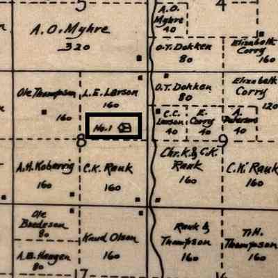 1900 map, north portion of Belmont Township, Traill County, ND: Belmont School No. 1 was located in NE Qtr. of Sect. 8