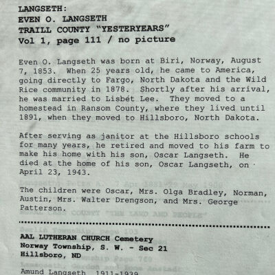 Langseth family: Even O. and Lisbeth (Lee) Lanseth, 1891 residents of Hillsboro, Traill County, North Dakota