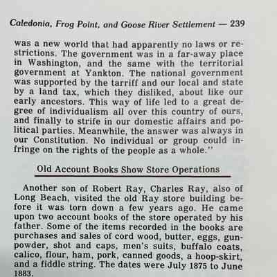 Page 239, Roy Johnson's "Red River Valley": Article on Ray General Store at Frog Point (Belmont), Traill County, DT