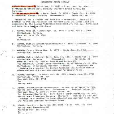 Adams_Genealogy.pdf by Karen (Fleischer) Ackerman courtesy granddaughter Jackie (Ausk) Baumgartner: Information on Ferdinand John Adams Sr. and Anna Maria Ackerman, page 2