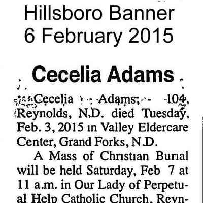 Hillsboro Banner, 6 Feb. 2015: Obituary, Cecelia (Kneip) Adams