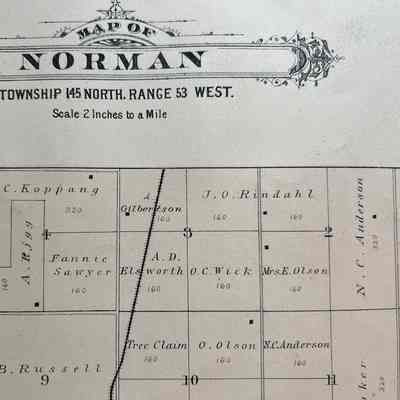 1892 Traill and Steele Counties Atlas: Plat map for portion of Norman Township, J. O. Rindahl in Sections 2 & 3.