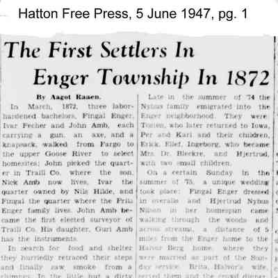 Hatton Free Press newspaper: First settlers in Enger Township, page 1