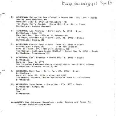 Kneip_Genealogy.pdf by Karen (Fleischer) Ackerman courtesy granddaughter Jackie (Ausk) Baumgartner: Information by Agnes Kneip on John Peter (JP) Jr. & Margaret (Beitz) Kneip, page 18