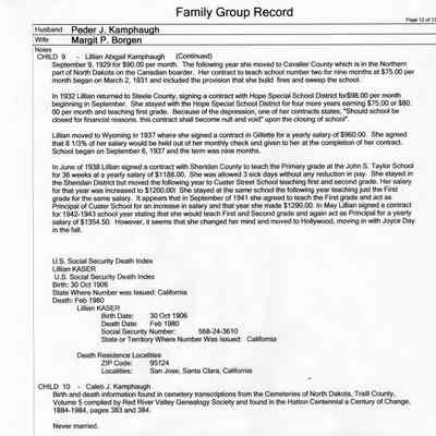Family Group Record, 25 June 2010, courtesy Linda Hardesty: Peder J. Kamphaug and Margit P. Borgen family, page 12 of 13