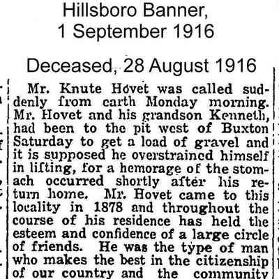 Hillsboro Banner, 1 September 1916: Knudt O. Hovet, deceased news