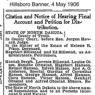 Hillsboro Banner, 4 May 1906: Estate of Helene H. Pikup, deceased