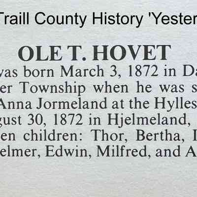 Traill County History "Yesteryears", Vol. I, page 90: Brief bio on Ole Thorson Hovet