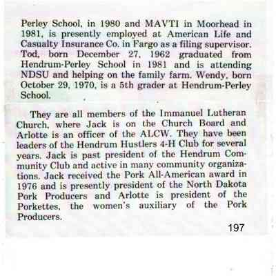 Hendrum Centennial, 1882-1982, book, page 197, Column 1: Jack and Arlotte (Holland) Harrington, page 2