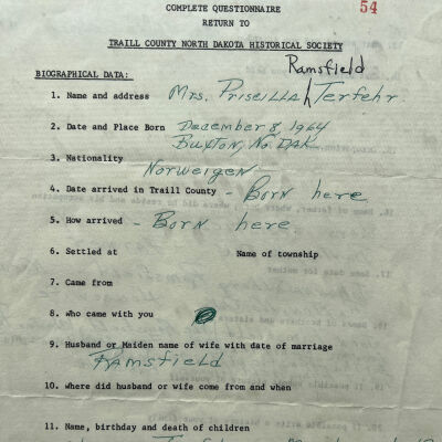 Page one of Esther Ramsfield's questionnaire