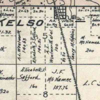 1900 map, portion of Kelso Township, Traill County, North Dakota: Kelso School No. 1 was located in the NE Qtr. of Sect. 5 near the Village of Kelso