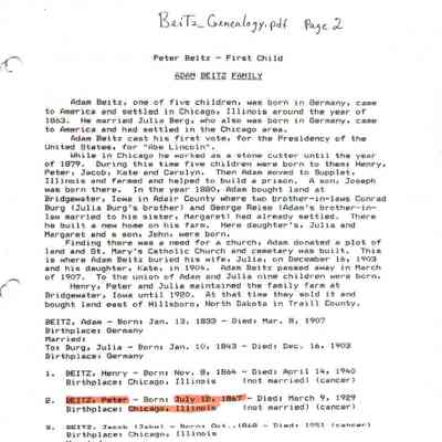 Beitz_Genealogy.pdf by Karen (Fleischer) Ackerman courtesy granddaughter Jackie (Ausk) Baumgartner: Information on Peter Beitz, son of Adam and Julia (Burg) Beitz, page 2
