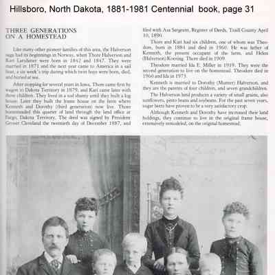 Centennial book, Hillsboro, North Dakota, 1881-1981: Description of three generations on a homestead, and family photograph, page 31