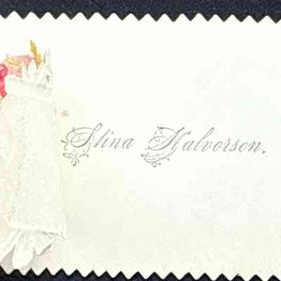 Stina O. Halvorson calling card with her name under a floral flap