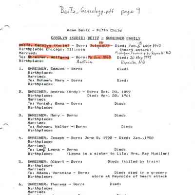 Beitz_Genealogy.pdf by Karen (Fleischer) Ackerman courtesy granddaughter Jackie (Ausk) Baumgartner: Information on Wolfgang Jr. and Caroline (Beitz) Schreiner family, page 9