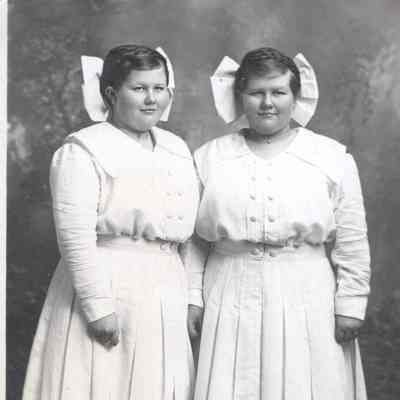 Hovet twins, born 5 January 1902, Stavanger Township, Traill County, ND: Bernice and Esther Hovet, daughters of John Thorson and Lena (Jormeland) Hovet.