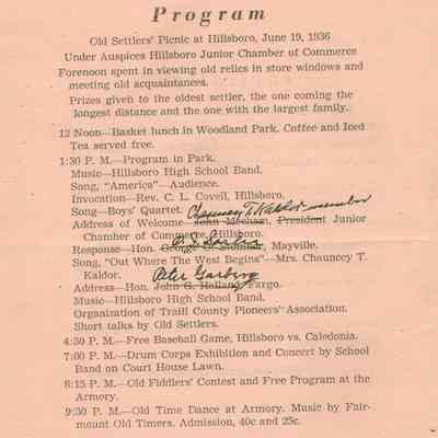 Old Settlers' Picnic, 1936, Hillsboro, Traill County, North Dakota: Program