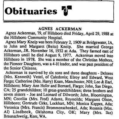 Hillsboro Banner, 9 May 1988: Obituary, Agnes Mary (Kneip) Ackerman