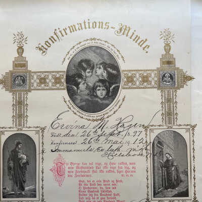 Confirmation certificate, Ervina M. Hagen, daughter of Erik and Maria (Manger) Hagen