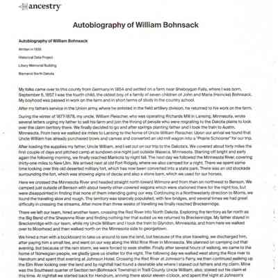Page 1, Autobiography, 1939, William Bohnsack, Plymouth, Wisconsin: Original courtesy of Historical Data Project, Bismarck, ND; retyped by Jackie (Baumgartner) Ausk, descendent of Ernestina (Bohnsack) Fleischer