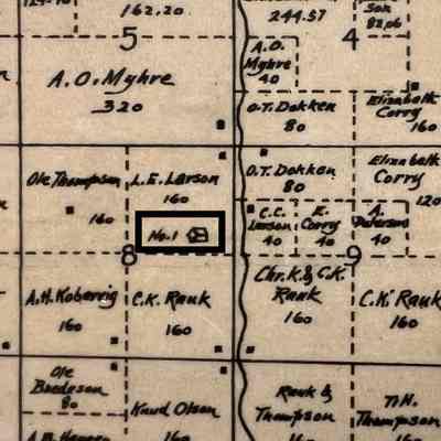 1900 map, north portion of Belmont Township, Traill County, ND: Belmont School No. 1 was located in NE Qtr. of Sect. 8