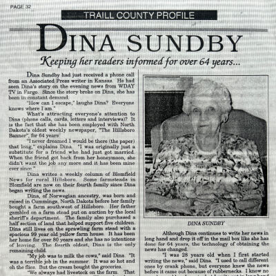 Sundby family: Dina Sundby (1906-2003), weekly column writer of Bloomfield News for Hillsboro Banner newspaper