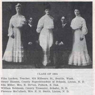Mayville High School: 1904 Class list & photo included in the first Mayville High School Yearbook published in 1913.