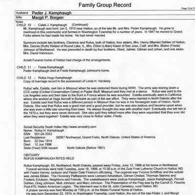 Family Group Record, 25 June 2010, courtesy Linda Hardesty: Peder J. Kamphaug and Margit P. Borgen family, page 13 of 13