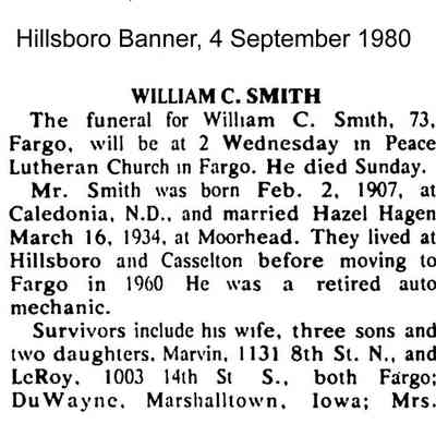 Obituary, part 1, for William Smith: Hillsboro Banner, 4 September 1980