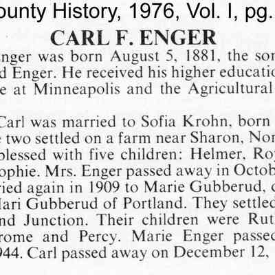 Page 55, Volume I, Traill County History book, 1976: The Carl F. Enger family