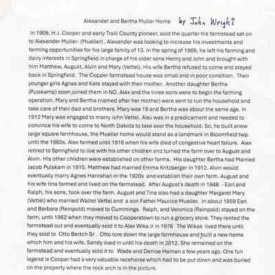 Description by John Wright, great grandson, of the history of the H. J. Cooper farmstead, sold in 1909: Alex and Bertha Müller purchased H. J. Cooper farm in 1909