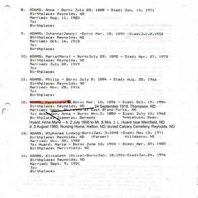 Adams_Genealogy.pdf by Karen (Fleischer) Ackerman courtesy granddaughter Jackie (Ausk) Baumgartner: Information on Ferdinand John Adams Jr. and Annie Marie Huard, page 3