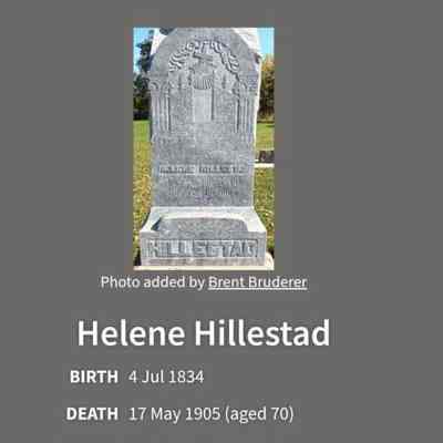 US Find-a-Grave document: Birth, Death and Burial: Helena Hillestad (widow, Mrs. Knut Pikop)